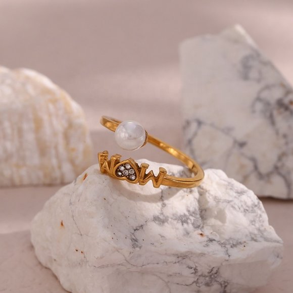 Mom Adjustable Pearl Zircon Heart Stackable Ring 18K Gold Plated Stainless Steel - Picture 10 of 11